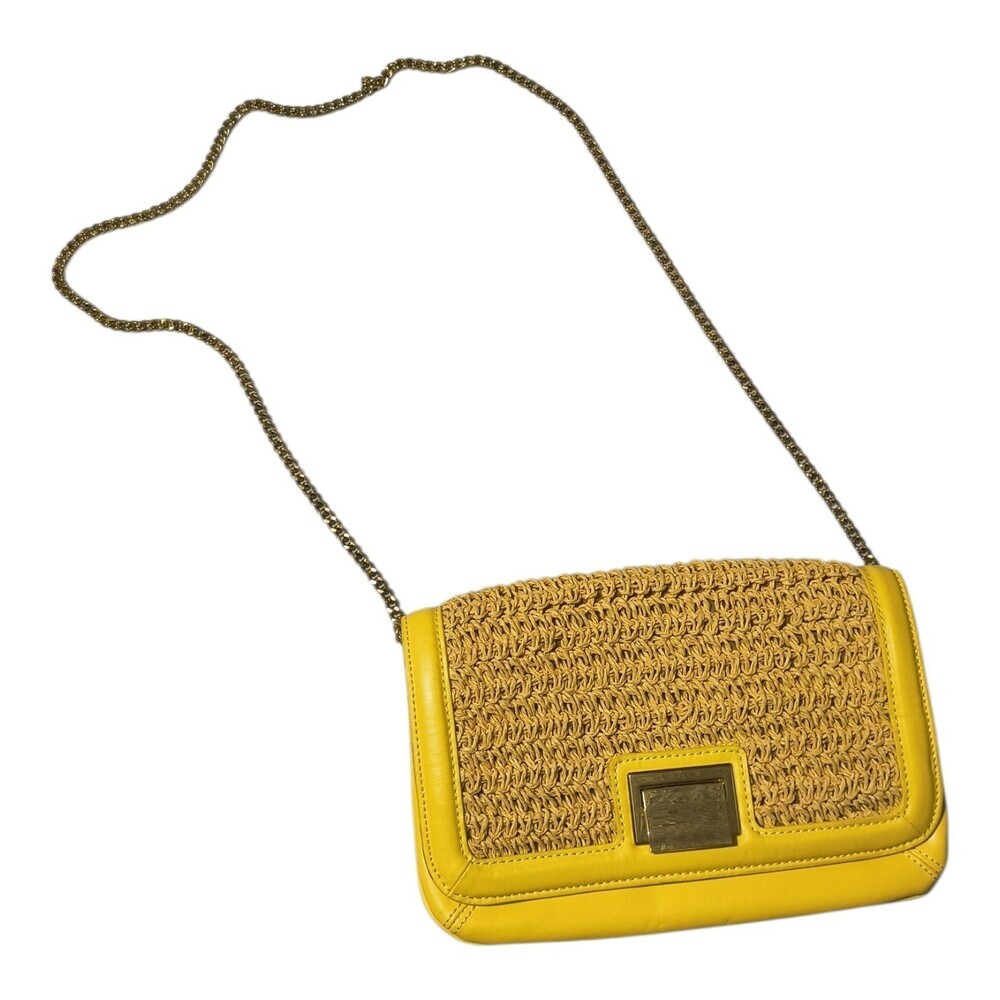 Talbots Yellow Woven Straw Leather Crossbody Purse Clutch Chain Strap Gold Clasp